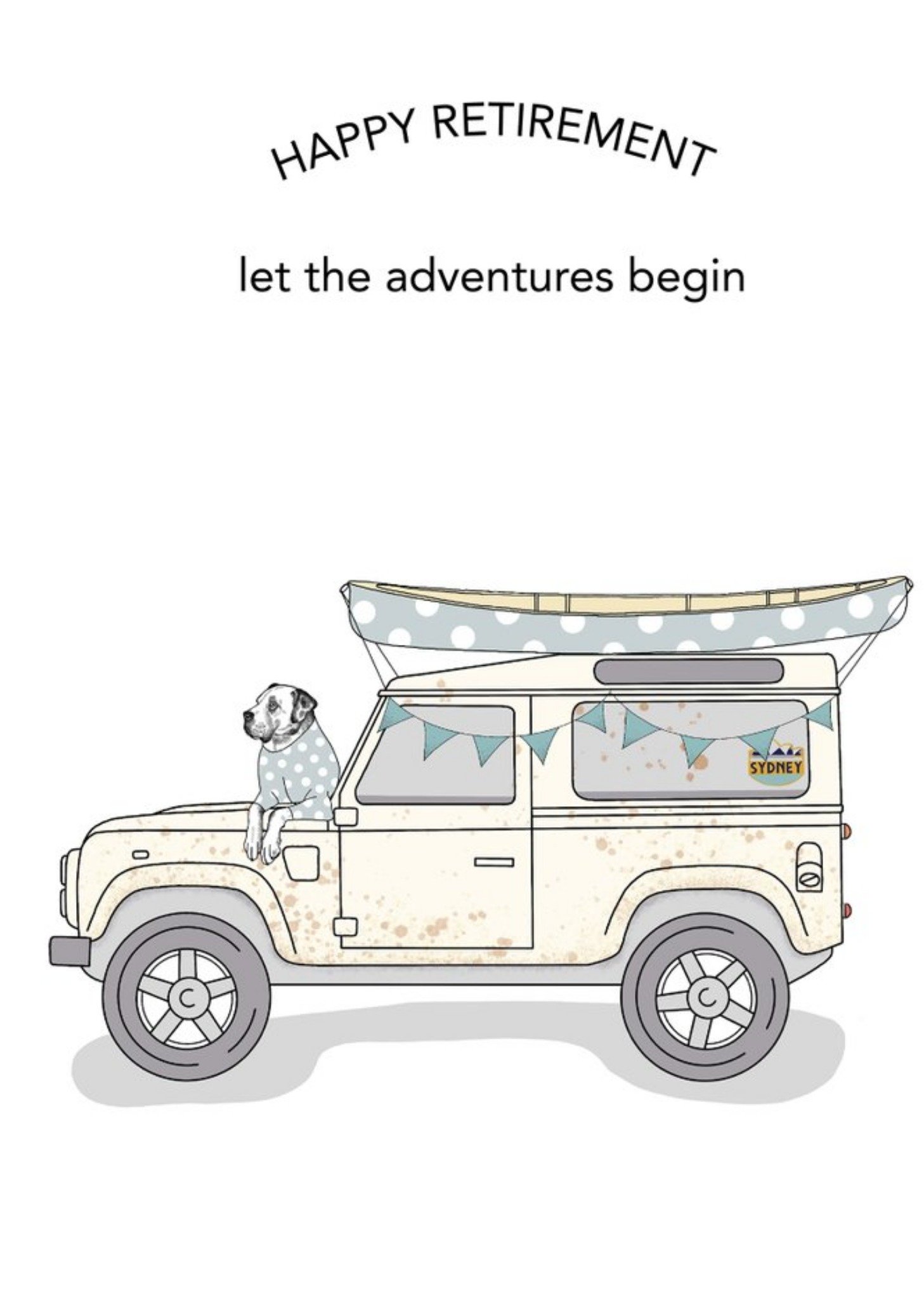 Dotty Dog Art Illustrated Dog And Jeep Retirement Card Ecard