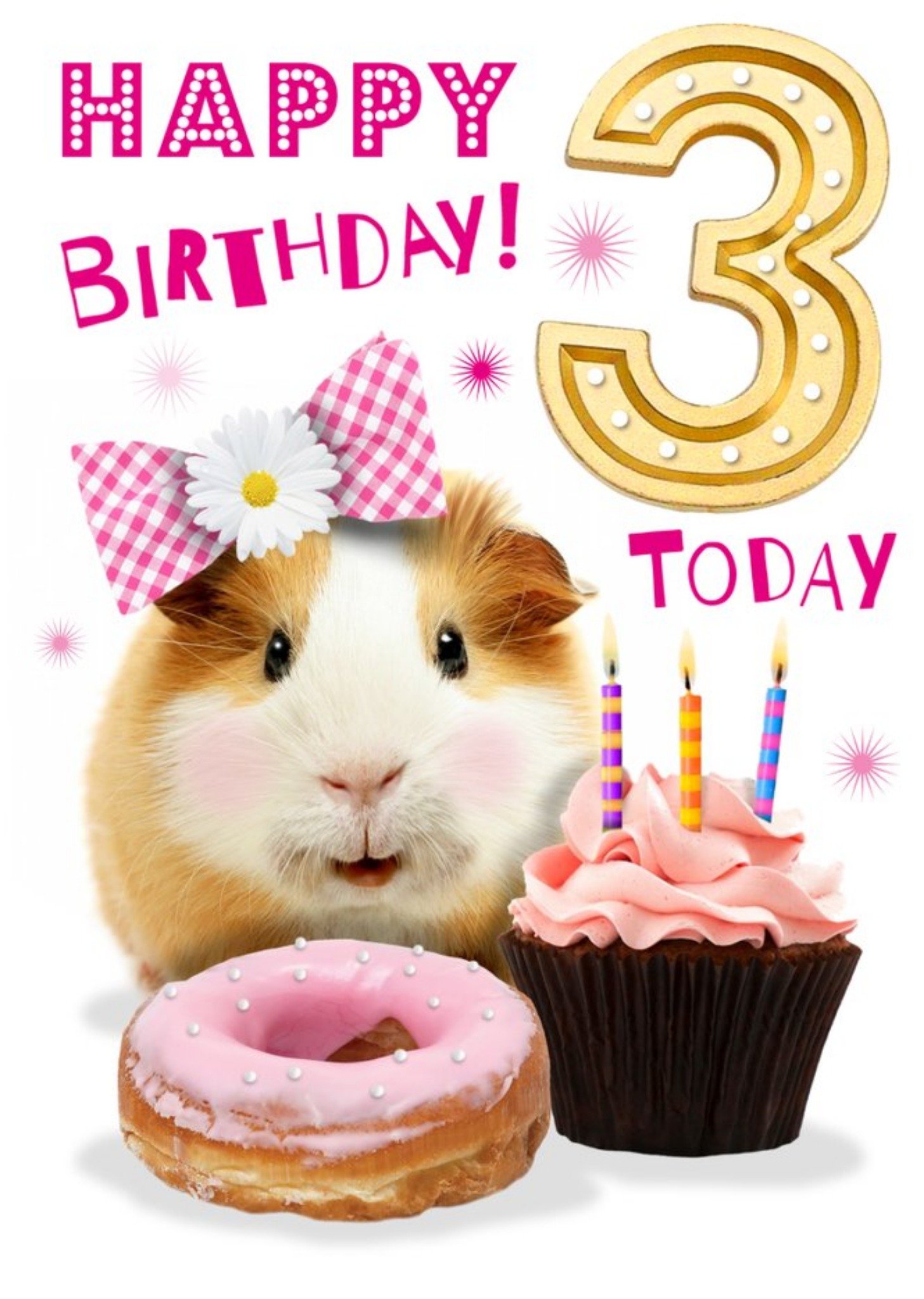 Moonpig Cute Guinea Pig With Cupcake 3rd Birthday Card, Large