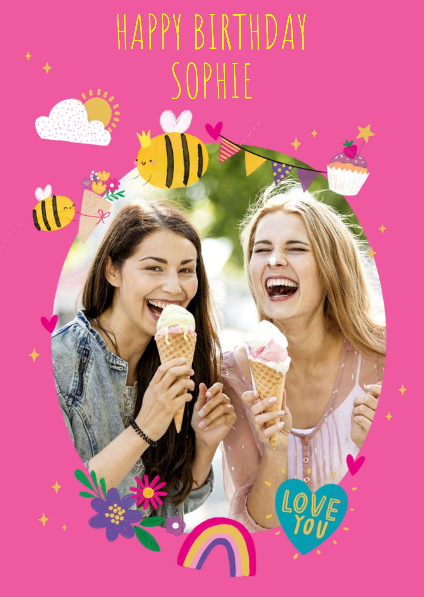 Moonpig Bee's And Rainbow Photo Upload Birthday Card Ecard
