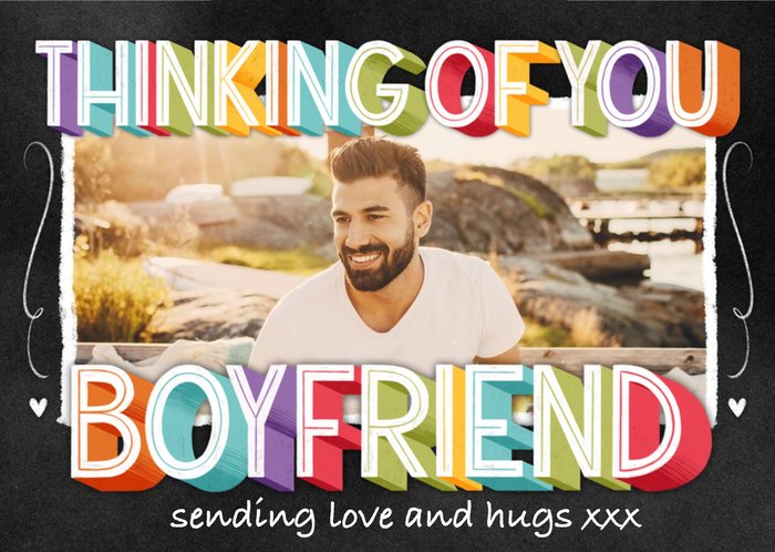 Typographic Chalkboard Thinking Of You Boyfriend Photo Upload Card