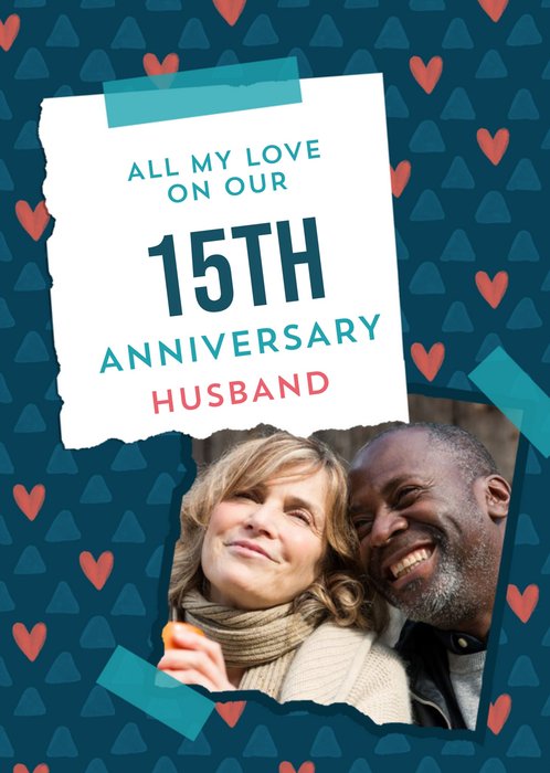 Note Paper And Photo Frame Stuck Down On A Blue Patterned Background Anniversary Photo Upload Card 