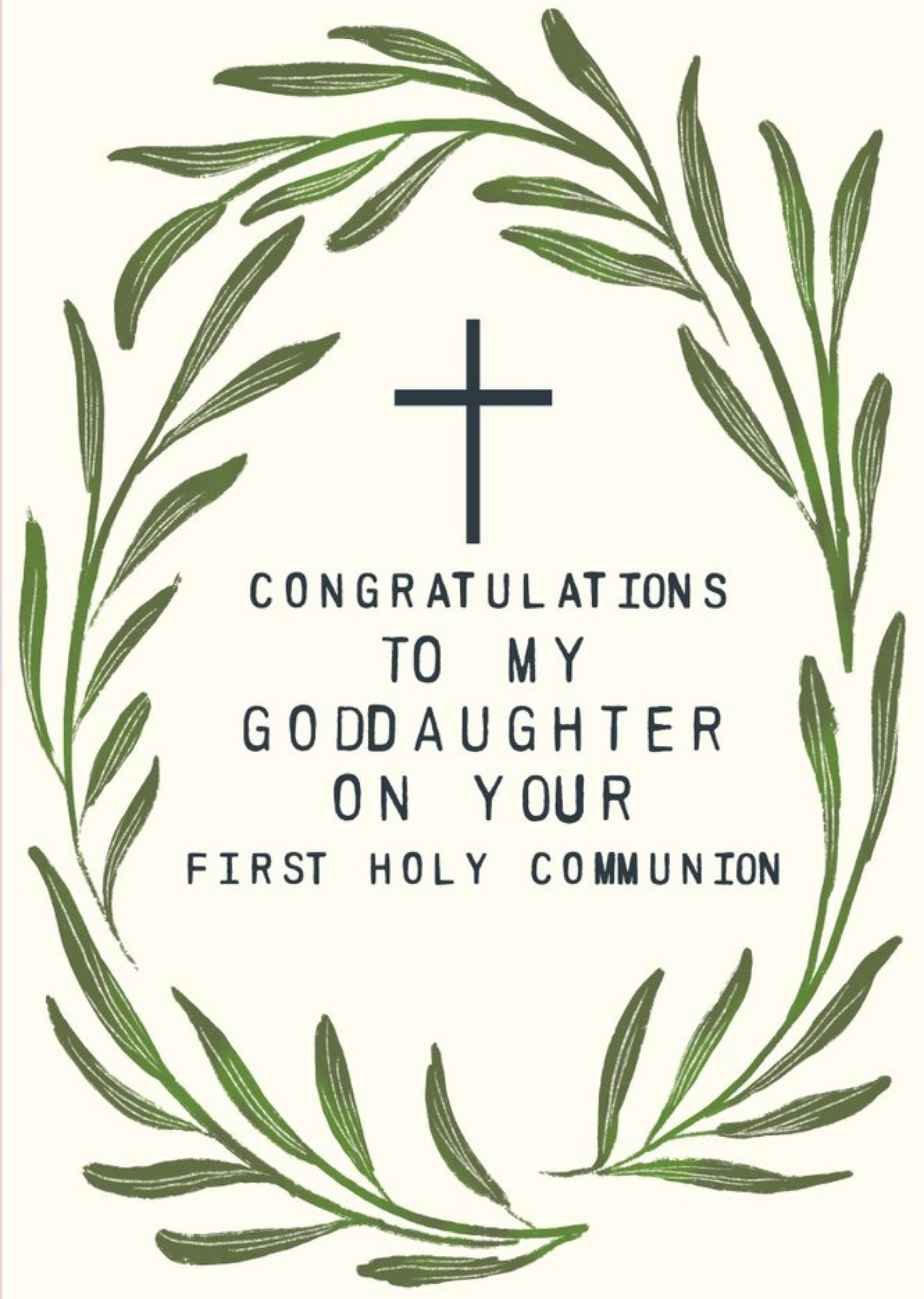 Moonpig Illustration Of An Olive Wreath Surrounds Text Goddaughter First Holy Communion Card, Large