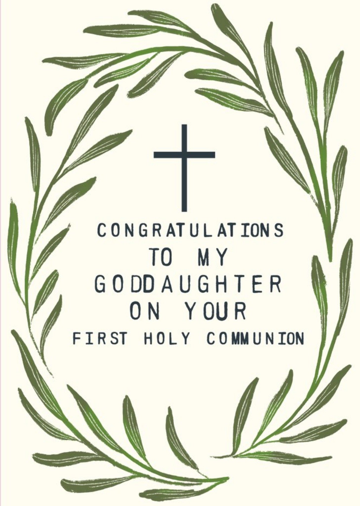 Illustration Of An Olive Wreath Surrounds Text Goddaughter First Holy Communion Card Ecard