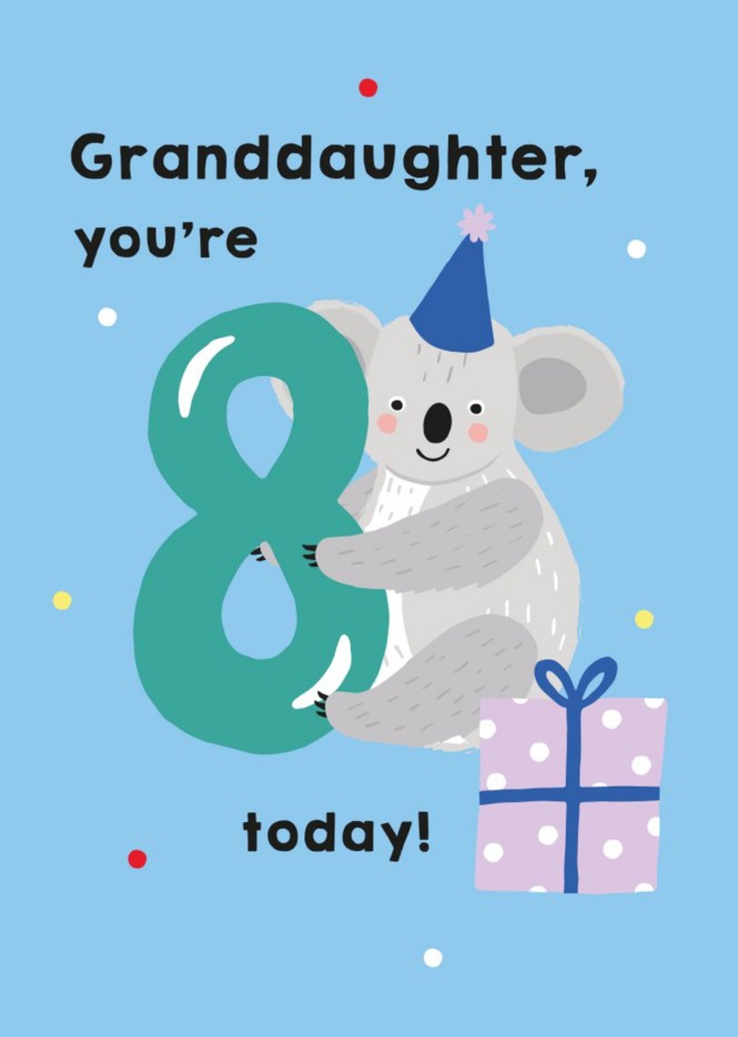 Illustrated Cute Koala Party Hat Granddaughter Youre 8 Today Birthday Card Ecard