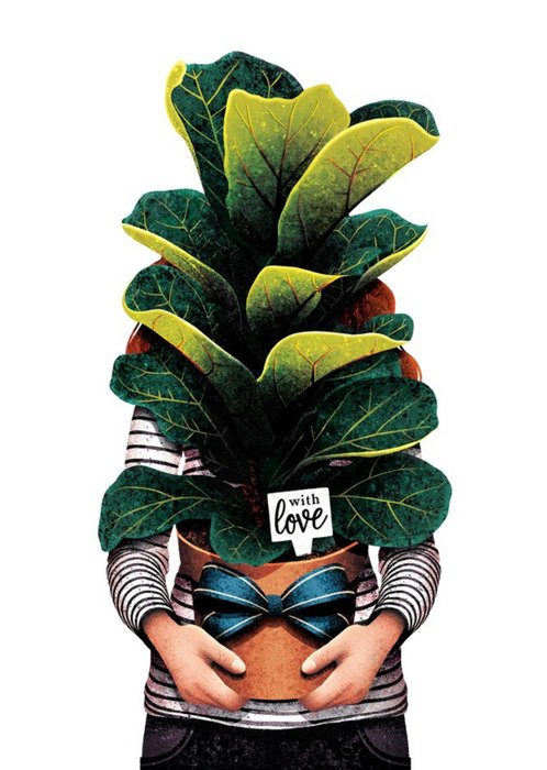 Illustrated Person Carrying A Huge Potted Plant with a Tag that reads With Love