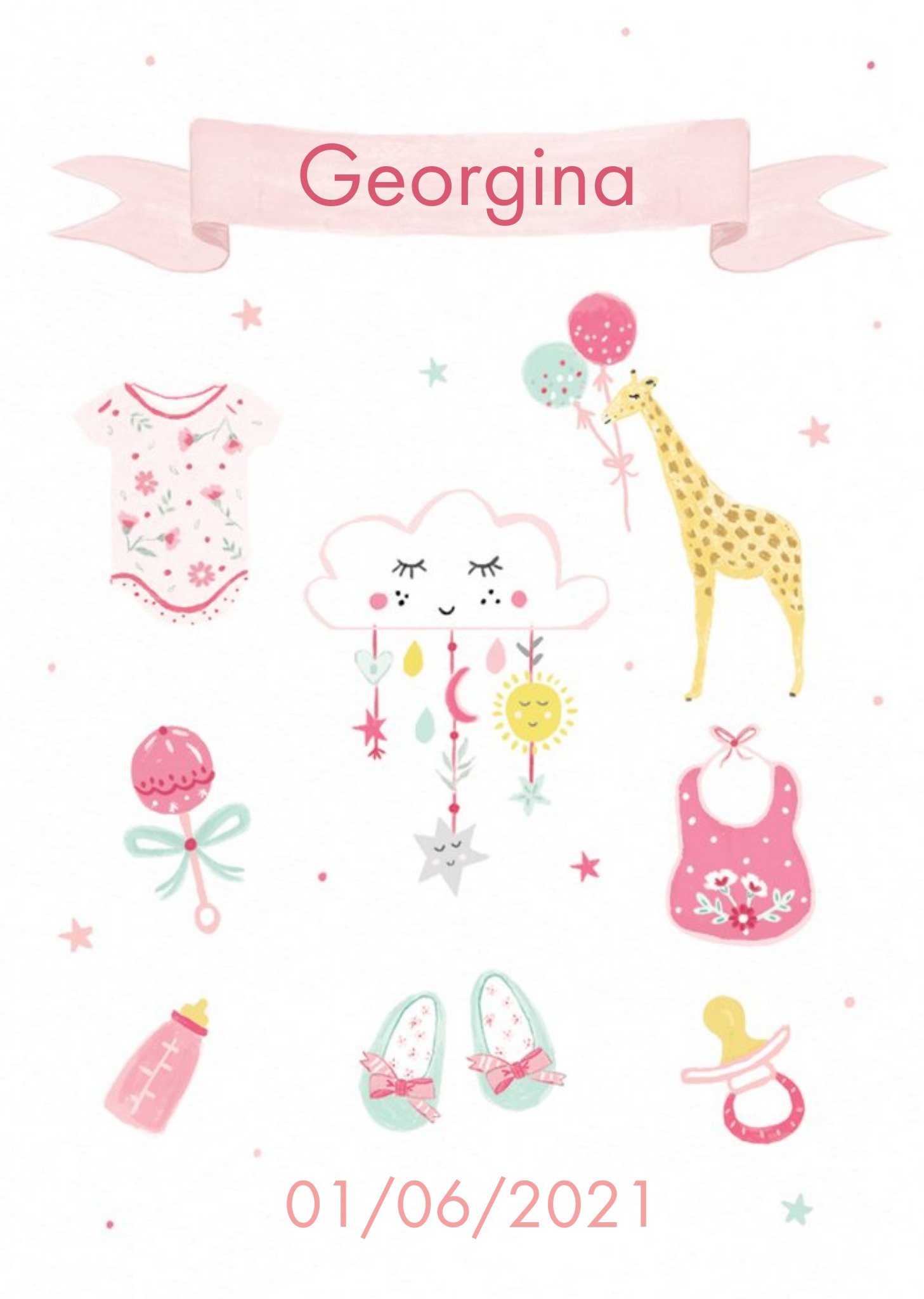 Moonpig Clintons Pink Illustrated Customisable New Baby Girl Card, Large