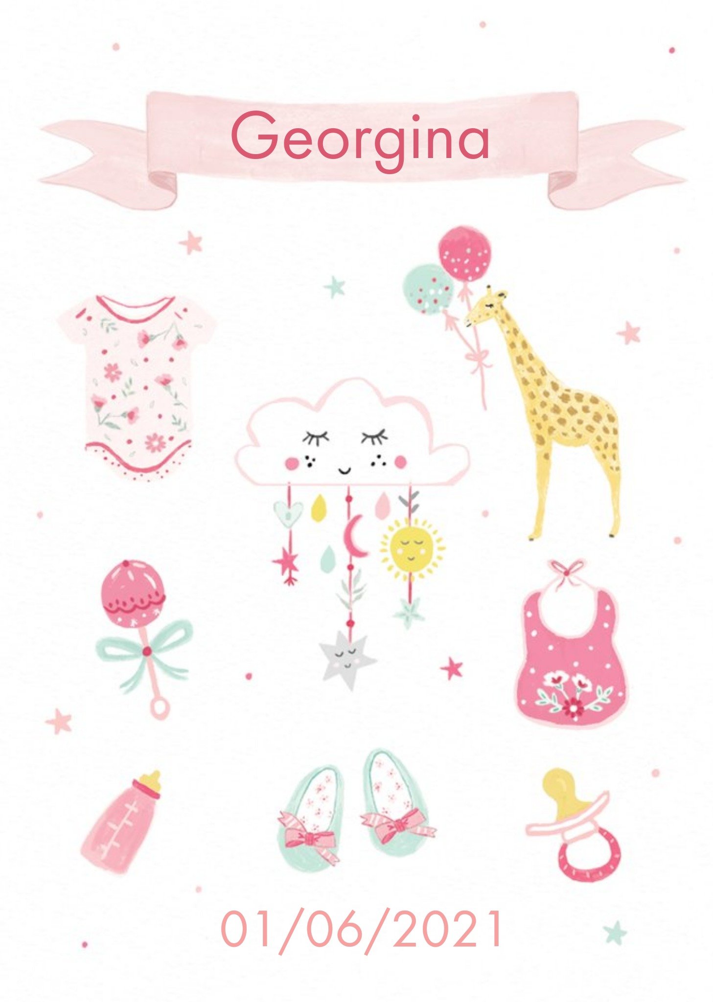 Clintons Pink Illustrated Customisable New Baby Girl Card Ecard