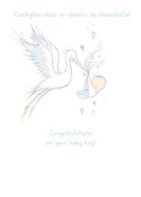 Stork Carrying Baby Illustration New Baby Boy Card