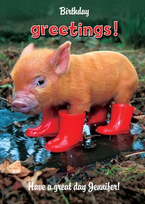 Little Pig In Boots Personalised Birthday Greetings Card