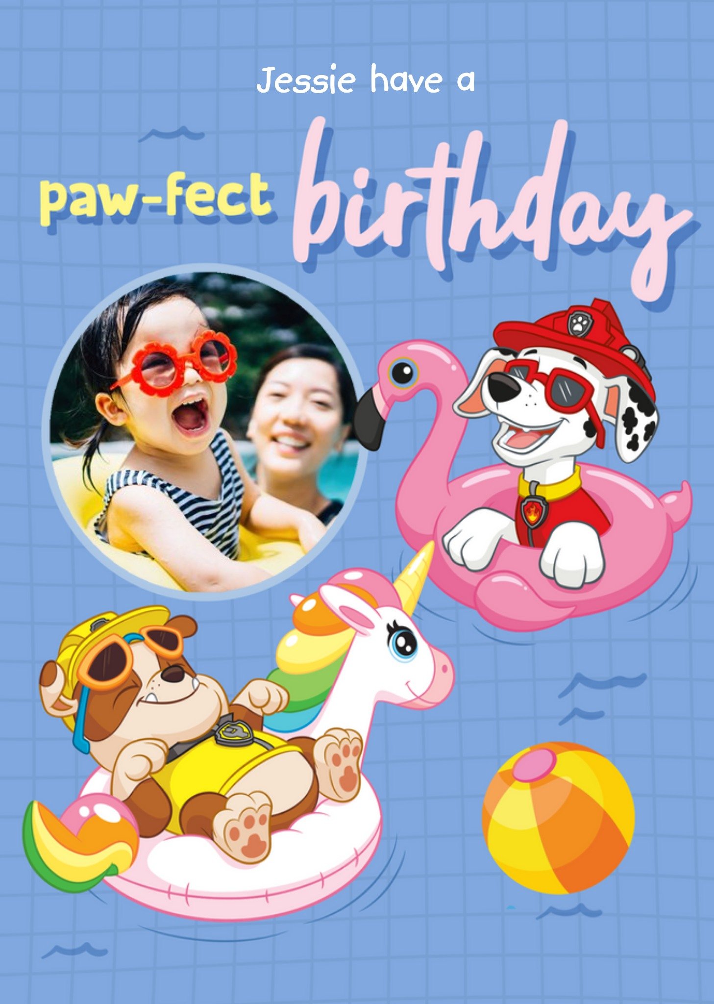 Paw Patrol Marshall And Rubble In A Pool Photo Upload Birthday Card Ecard