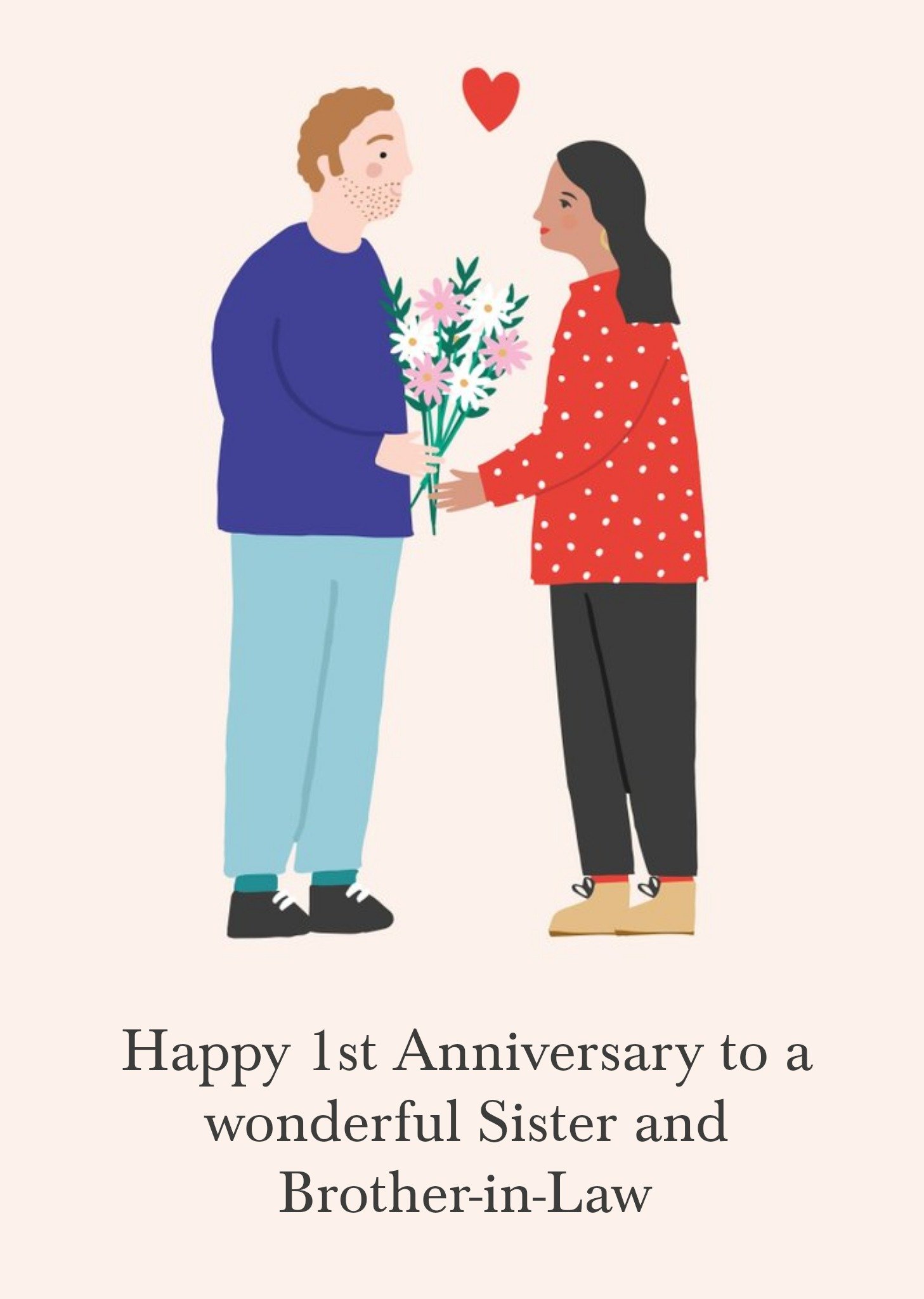Moonpig Illustration Of A Couple Sharing Flowers Happy First Anniversary Card, Large