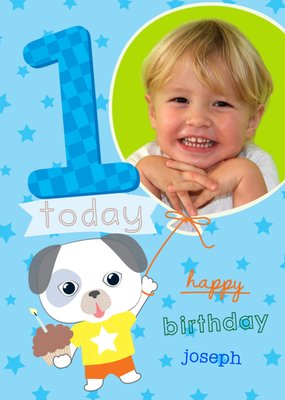 Cartoon Puppy Happy First Birthday Photo Card