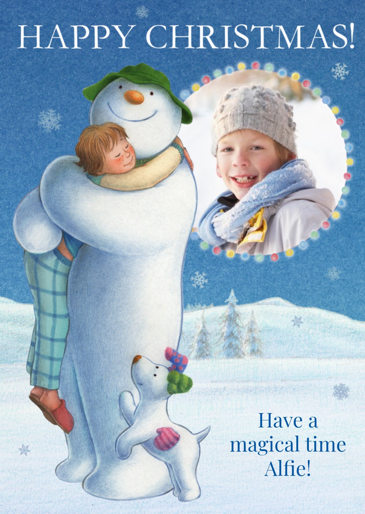 The Snowman Hug Personalised Photo Upload Happy Christmas Card Ecard