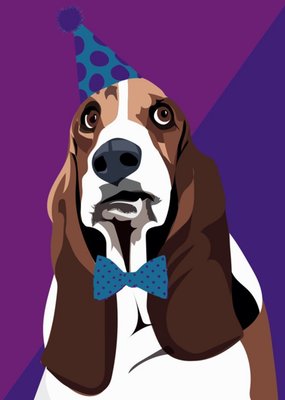 Illustrated Party Hat Bassett Hound Card