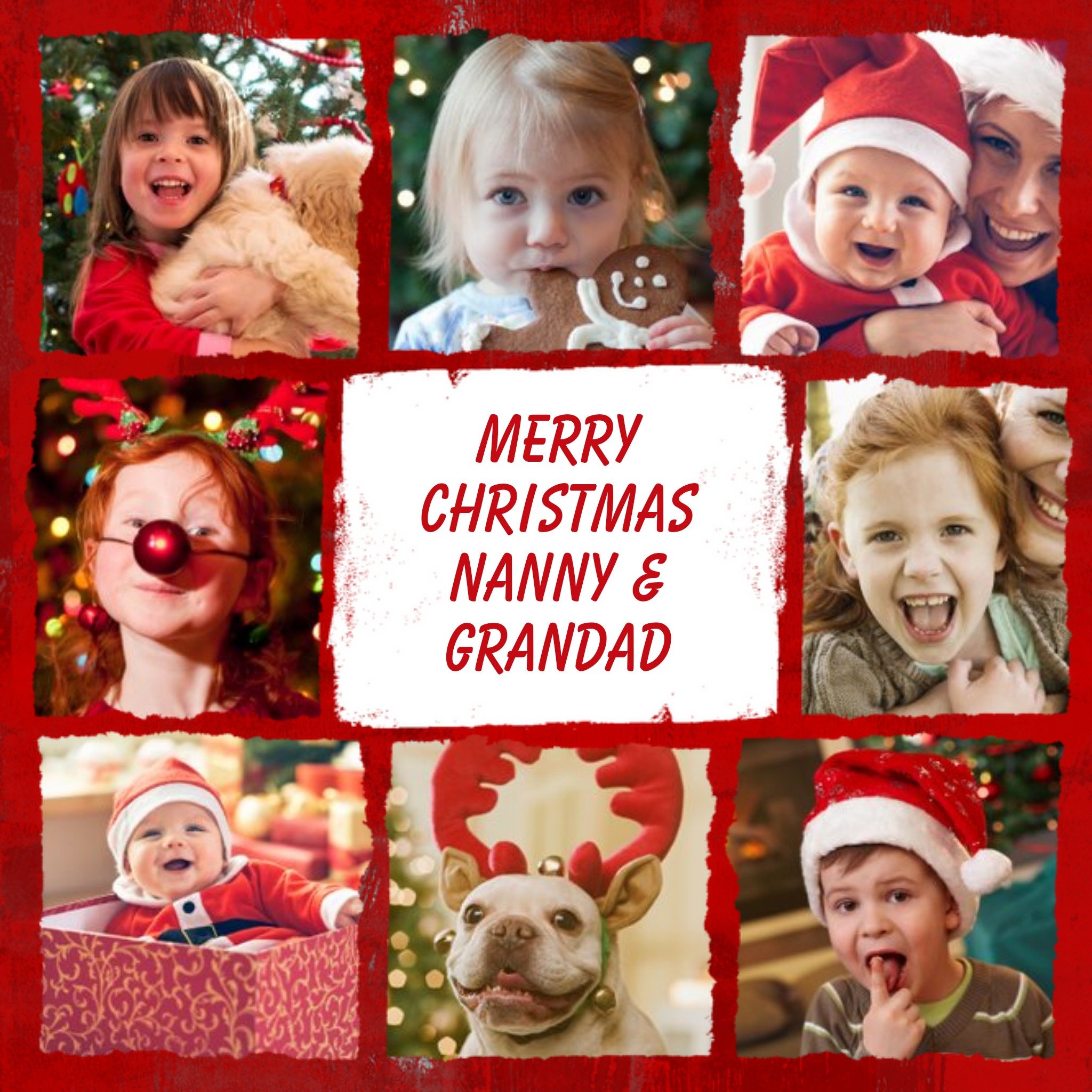 Red And White Grid Personalised Photo Upload Christmas Card For Grandparents, Square