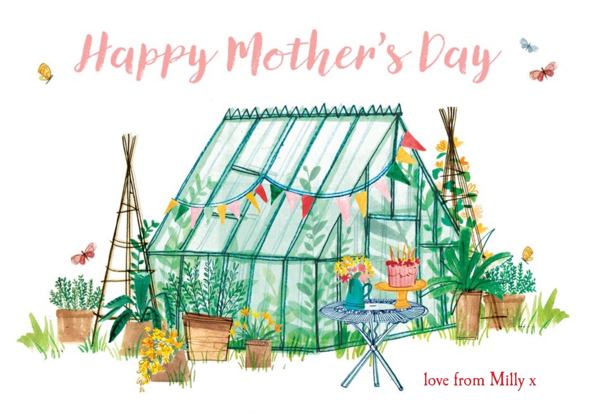 Illustrated Greenhouse In The Garden Personalised Mother's Day Card Ecard