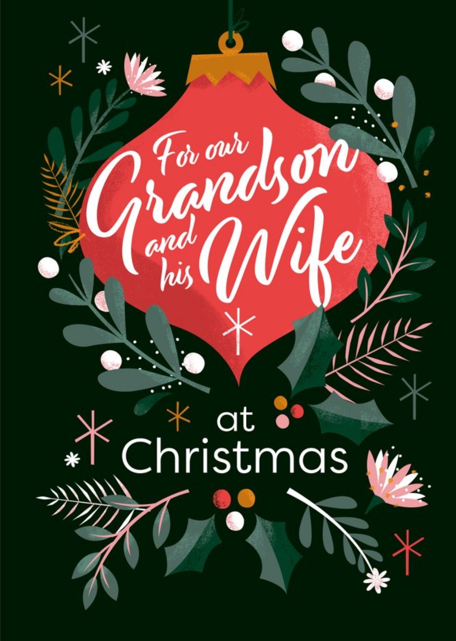 Moonpig Retro Festive Bauble Grandson And Wife Christmas Card, Large