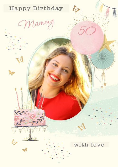 Illustrated Watercolour Cake Balloon Photo Upload Mammy 50th Birthday Card