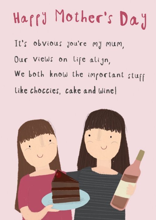 Illustration Of A Mother And Daughter With Cake And Wine Sweet Mother's Day Card