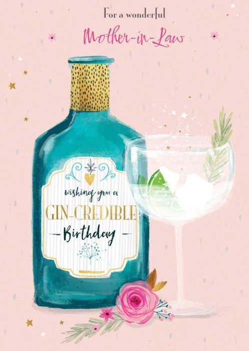 Illustrated Gin Bottle For A Wonderfull Mother-In-Law Gin Credible Birthday Card