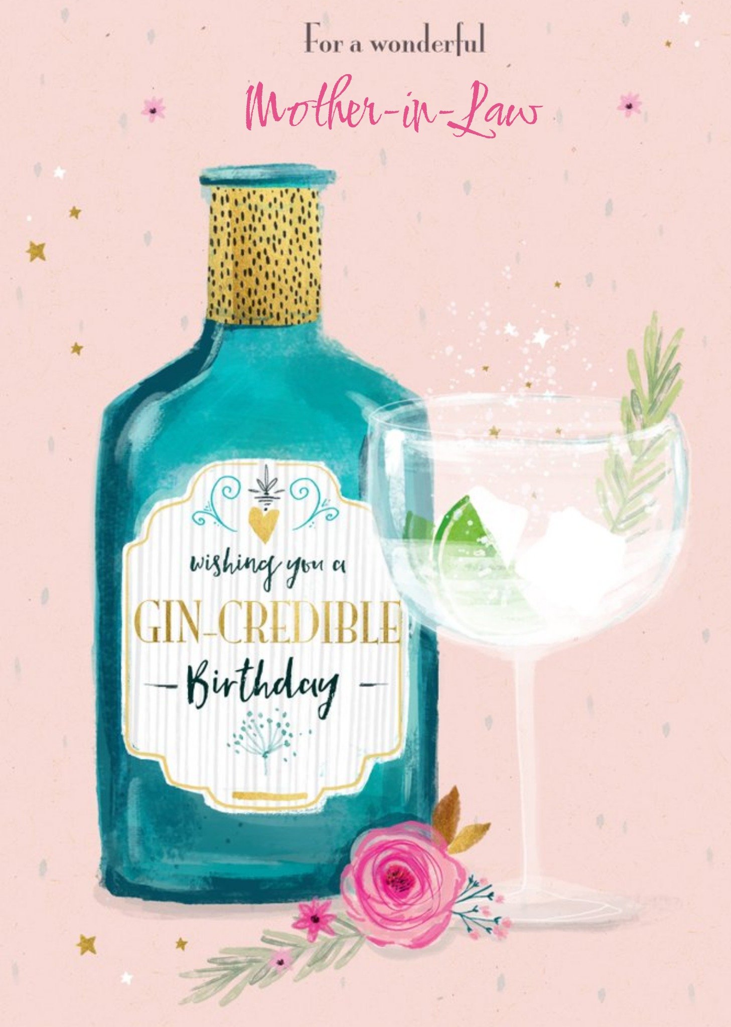 Moonpig Illustrated Gin Bottle For A Wonderfull Mother-In-Law Gin Credible Birthday Card Ecard