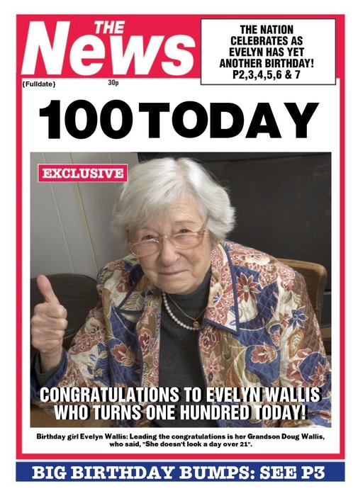 Newspaper Headline 100 Today Personalised Photo Upload Happy Birthday Card