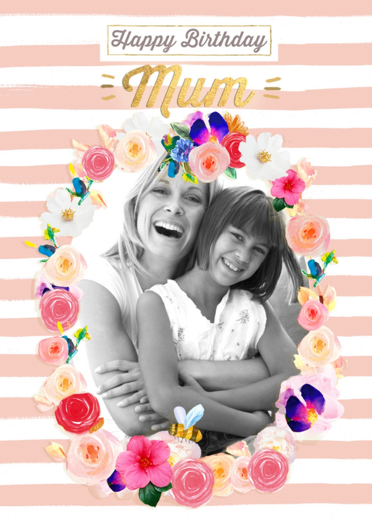 Moonpig Stripes And Flower Border Personalised Photo Upload Birthday Card For Mum, Large