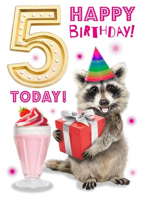 Cute Racoon Holding Present 5th Birthday Card