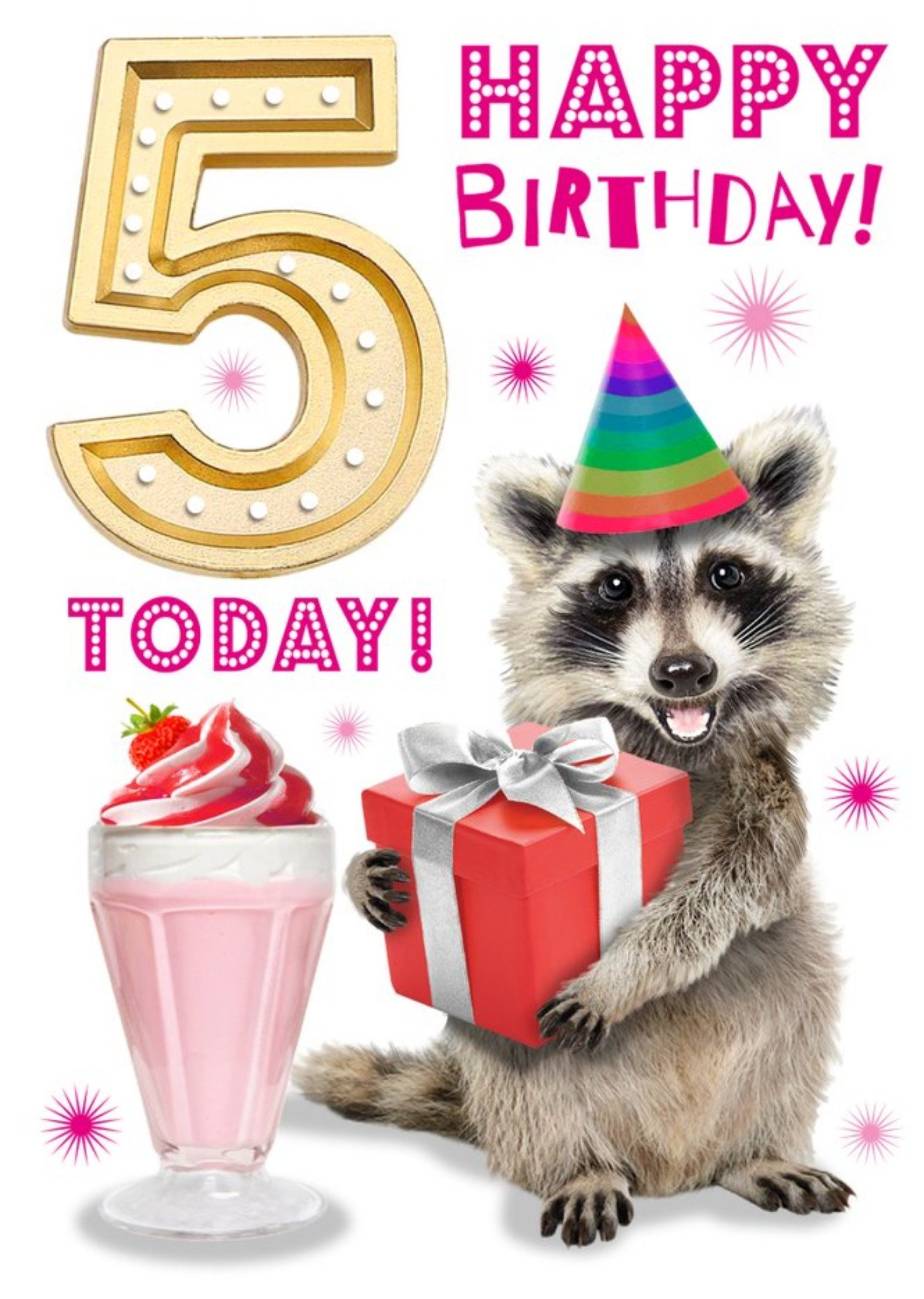 Moonpig Cute Racoon Holding Present 5th Birthday Card, Large
