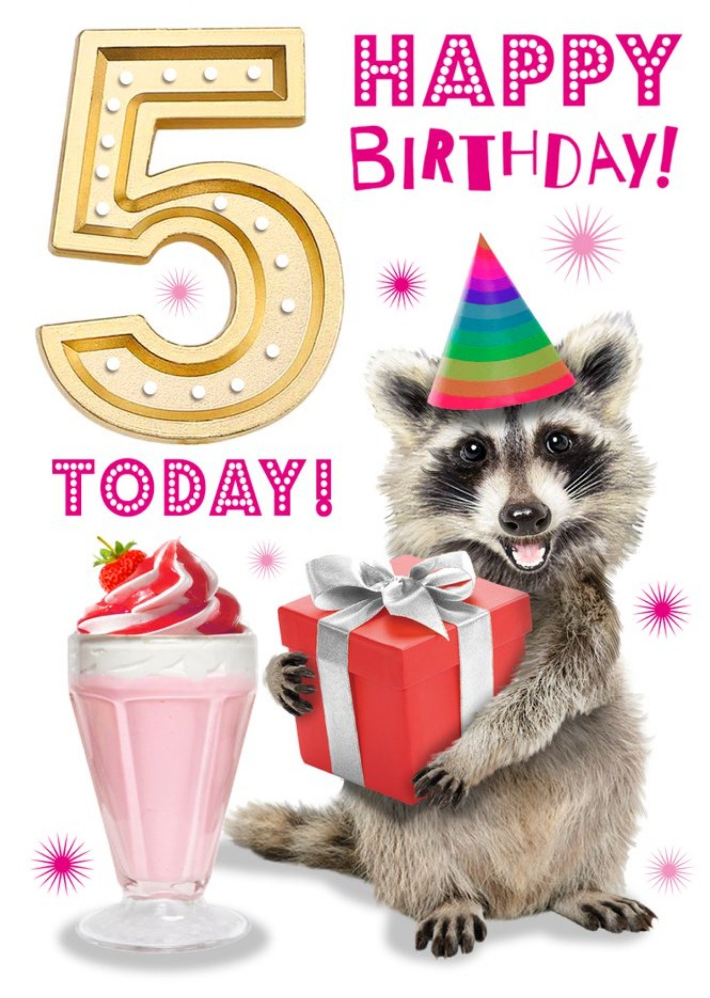 Cute Racoon Holding Present 5th Birthday Card Ecard