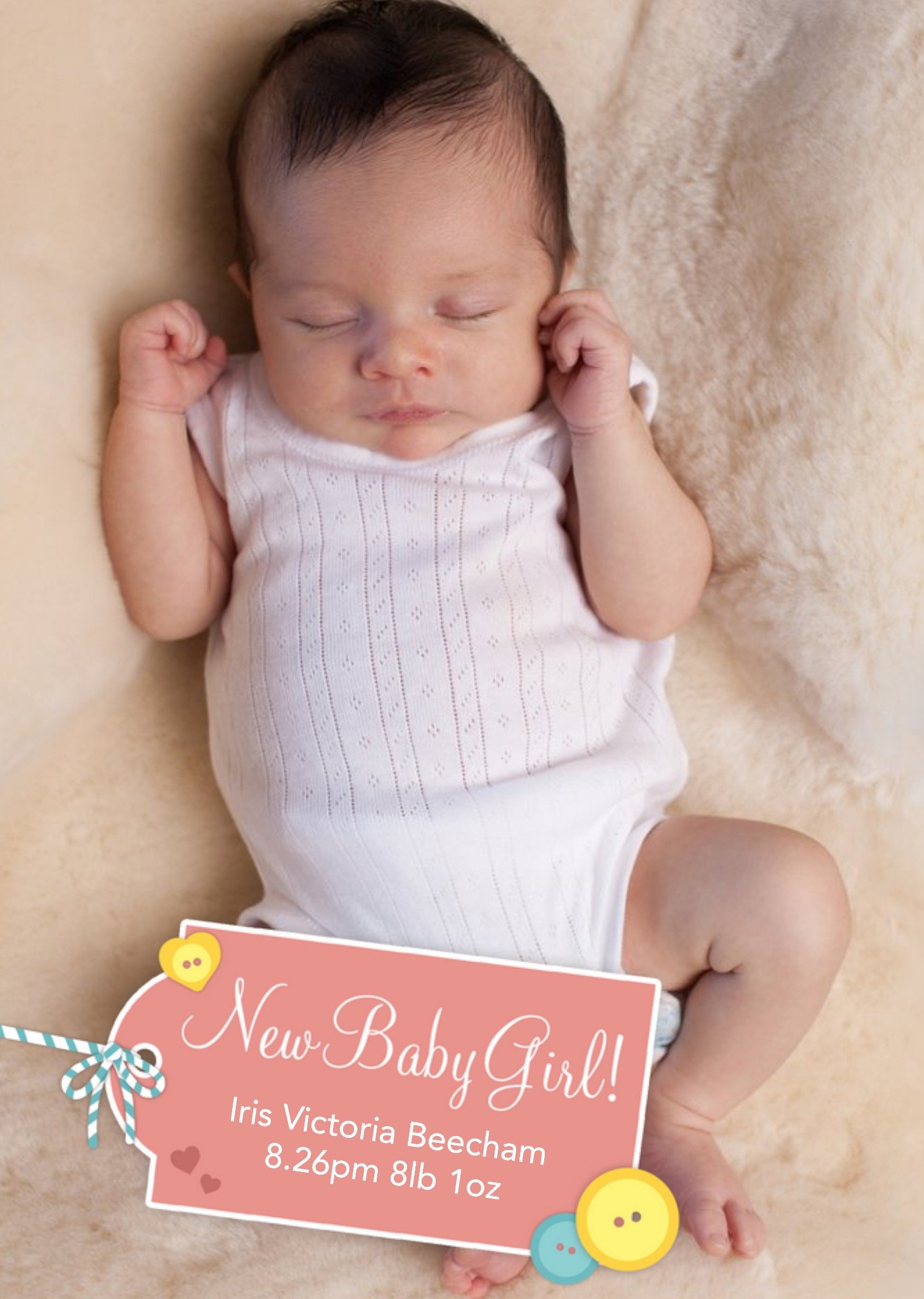 Moonpig Coral Tag Personalised Photo Upload New Baby Girl Postcard