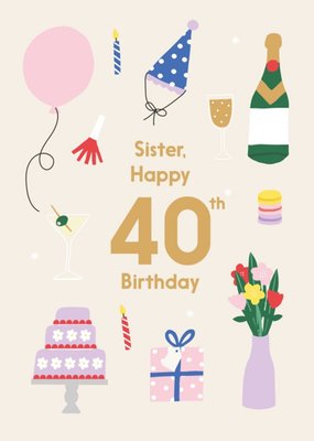 Illustrated Cute Party Balloons Sister Happy 40th Birthday Card