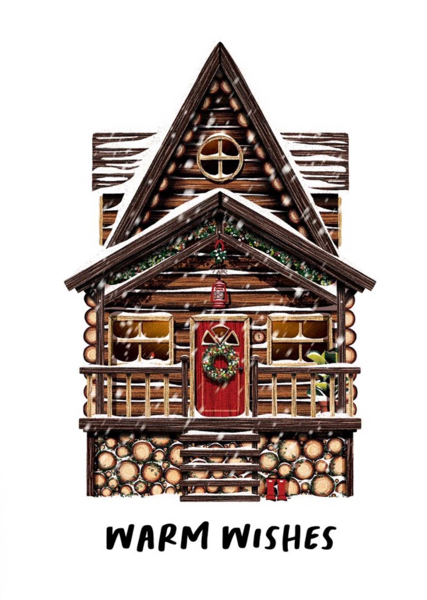 Moonpig Illustrated Snowy Log Cabin Warm Wishes Christmas Card Ecard
