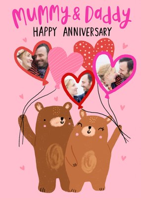 Illustration Of Two Bears With Heart Shaped Balloons Mummy & Daddy's Photo Upload Anniversary Card