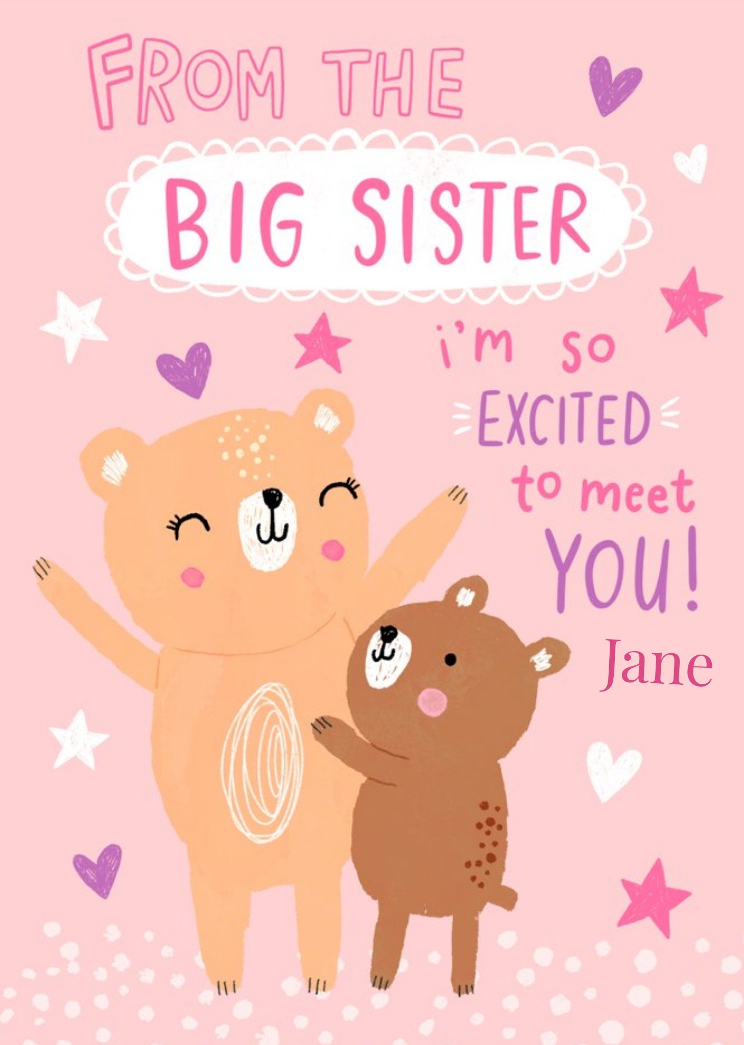 Moonpig Illustration Of Two Bears Surrounded By Hearts And Stars From The Big Sister New Baby Card, 