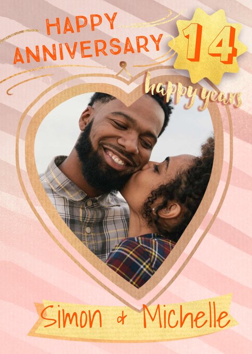 Heart Shaped Photo Frame On A Pink Striped Background Photo Upload Anniversary Card
