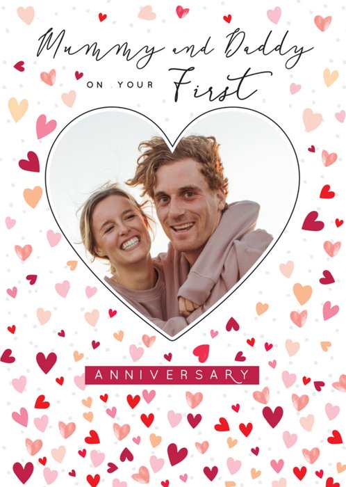 Loveheart Pattern Mummy And Daddy First Anniversary Photo Upload Card