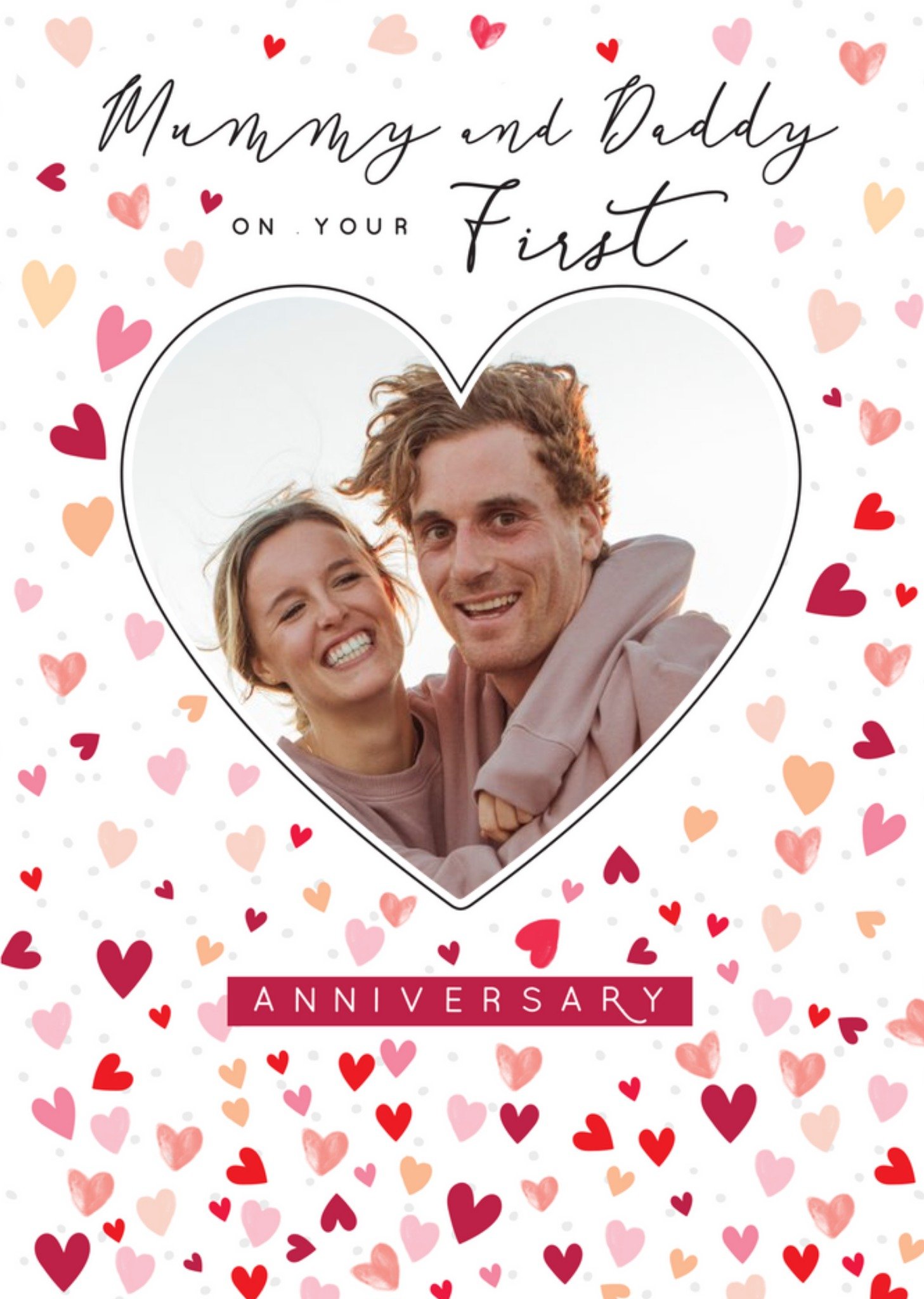 Moonpig Loveheart Pattern Mummy And Daddy First Anniversary Photo Upload Card, Large