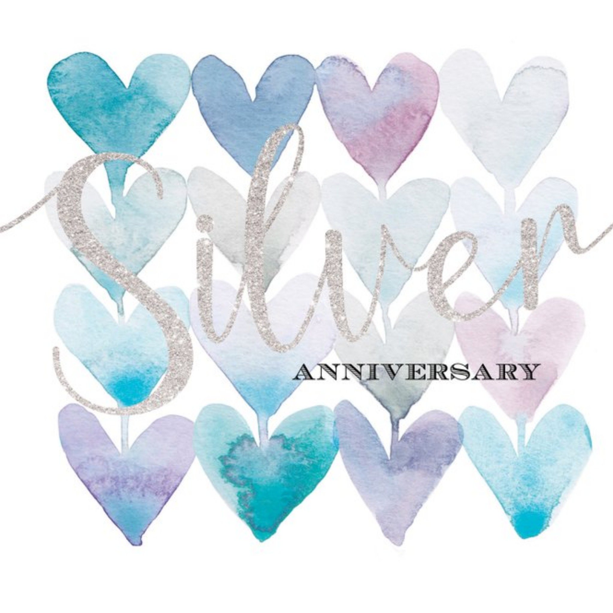 Silver Anniversary Watercolur Hearts Card, Square