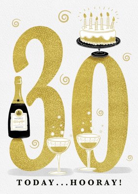 Large Golden Number With Illustrations Of Cake And Wine Thirtieth Birthday Card