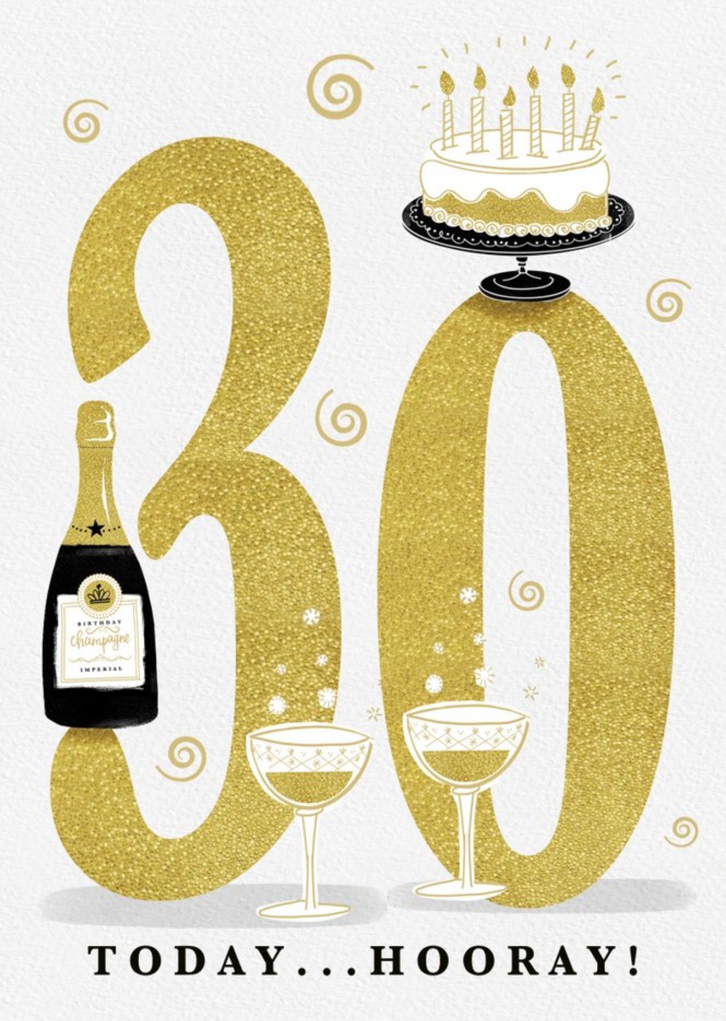 Large Golden Number With Illustrations Of Cake And Wine Thirtieth Birthday Card Ecard