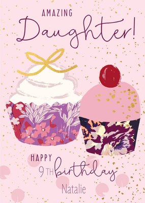 Pink Illustrative Cupcake Daughter Birthday Card