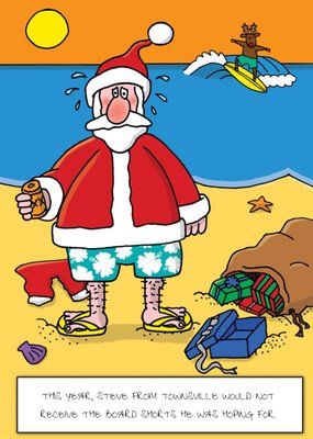 Santa On The Beach Funny Caption Personalised Merry Christmas Card