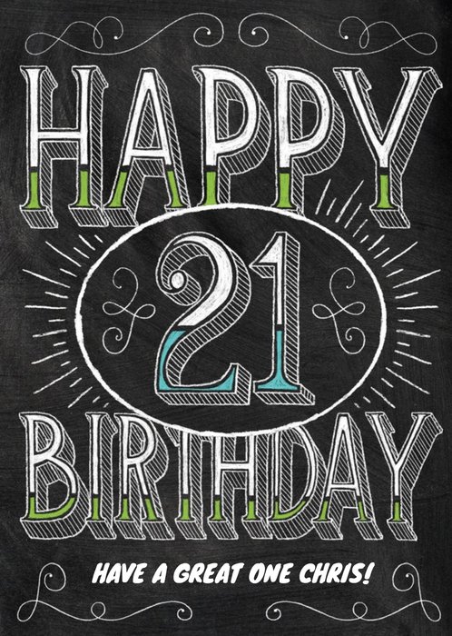 Black And White Chalk Style Personalised Happy 21st Birthday Card