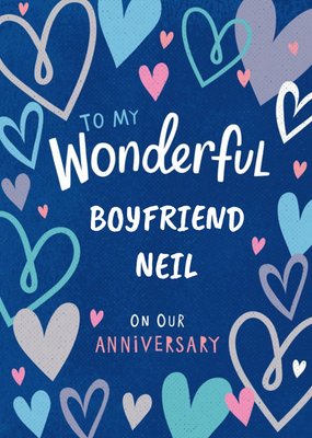 Fun Typography Surrounded By Hearts On A Blue Background To My Boyfriend Anniversary Card