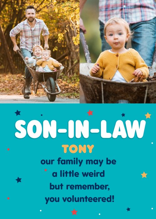 Funny Typography Surrounded By Colourful Stars Son In Law's Photo Upload Birthday Card