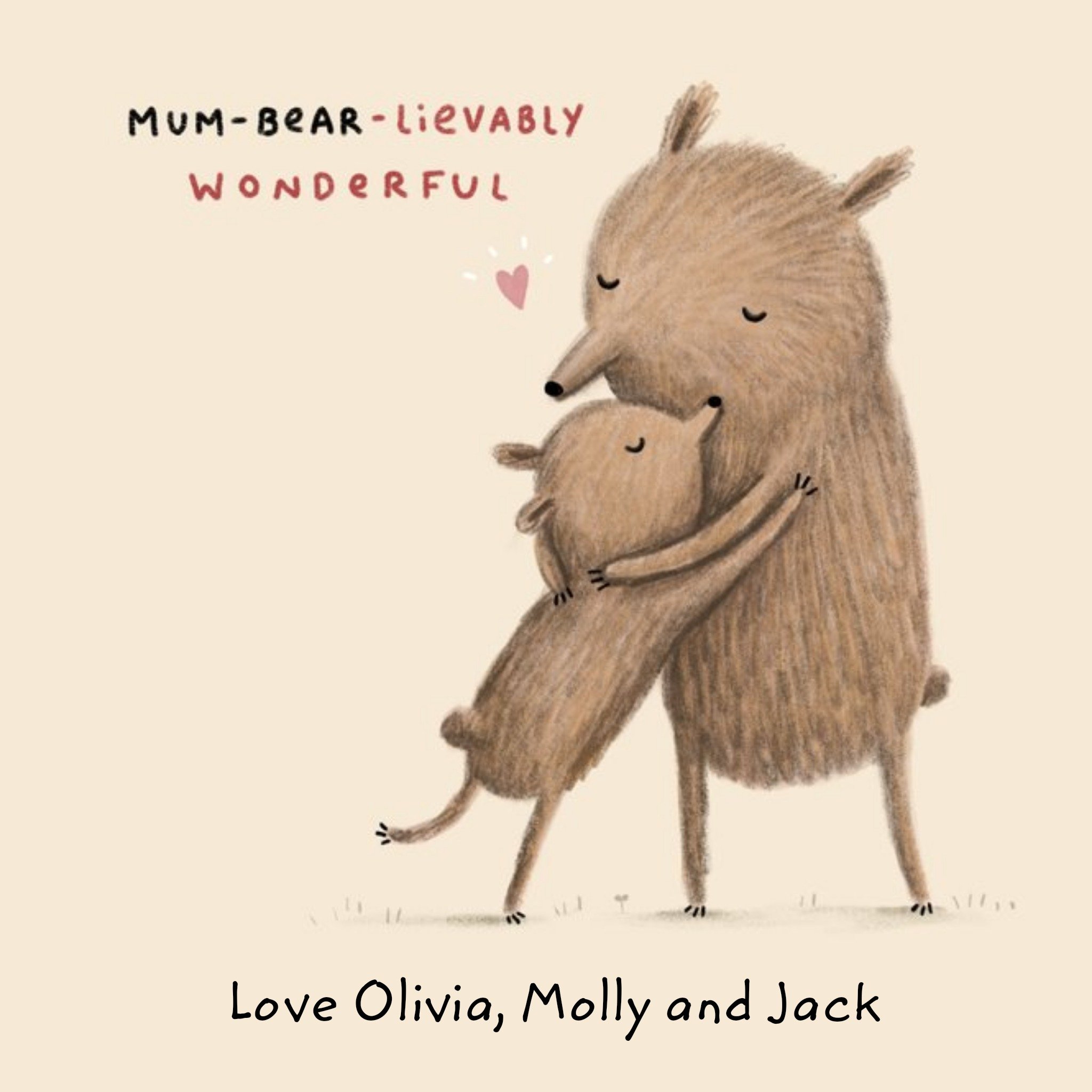 Personalised Mum-Bear-Lievably Wonderful Mother's Day Card, Square