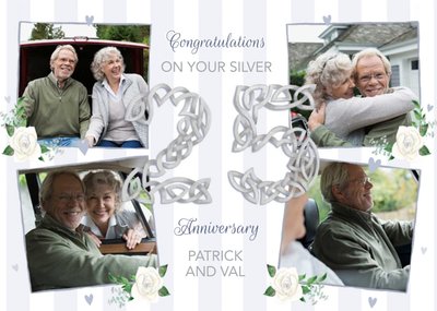 Celtic Knot Styled Number Twenty Five And White Roses Silver Anniversary Photo Upload Card