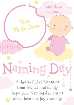 Pink And Yellow Clouds Personalised Photo Upload Naming Day Card For Girl