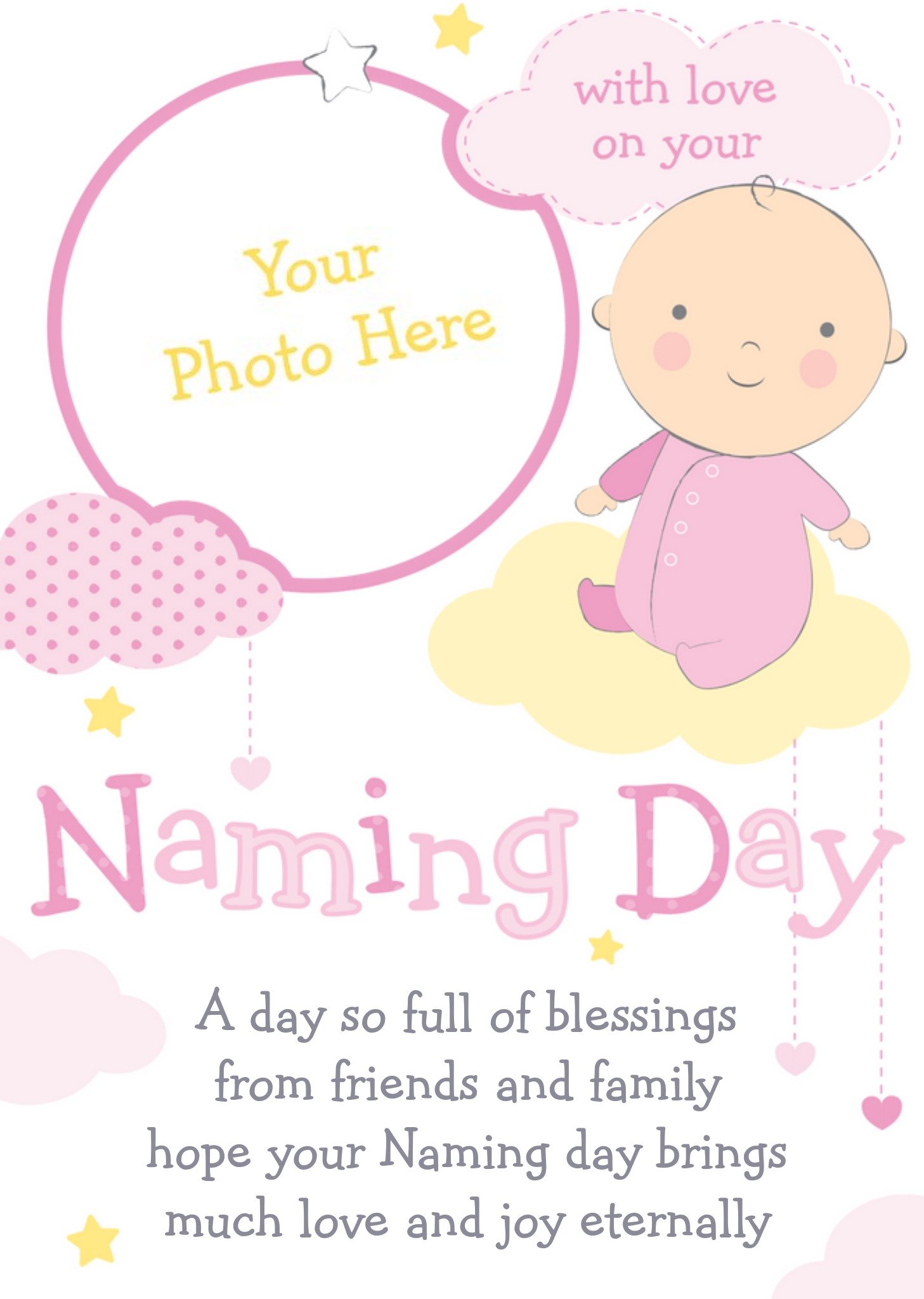Moonpig Pink And Yellow Clouds Personalised Photo Upload Naming Day Card For Girl Ecard